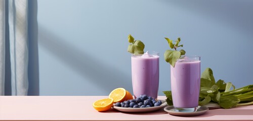two purple fruit yogurt smoothies on a table