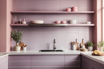 French Interior home design of modern kitchen with purple kitchen cabinet and table with backsplash against pastel purple walls with shelves