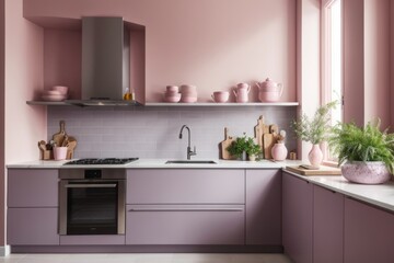 French Interior home design of modern kitchen with purple kitchen cabinet and table with backsplash against pastel purple walls with shelves