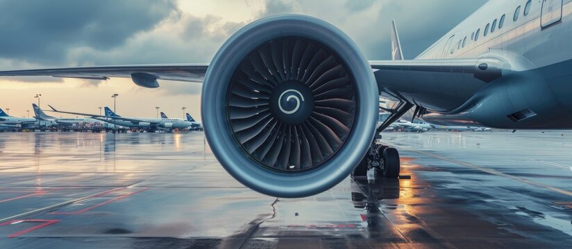 Passenger aircraft engine at airport.