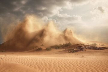 Nature and landscape concept. Landscape background of dramatic sand storm in desert during daytime - obrazy, fototapety, plakaty
