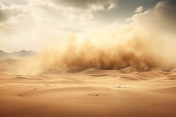 Nature and landscape concept. Landscape background of dramatic sand storm in desert during daytime - obrazy, fototapety, plakaty