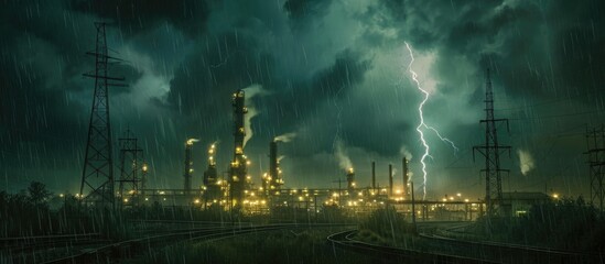 During a thunderstorm, lightning hits a big urban agricultural and oil processing enterprise near the railway at night. - obrazy, fototapety, plakaty