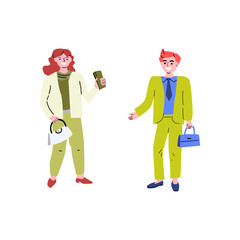 young woman and man in green suit talking and standing. Vector illustration isolated. Can used for concept background, cards, posters. 