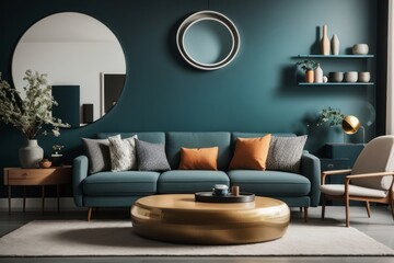 scandinavian interior home design of modern living room with gray sofa and round table with home decoration against blue wall