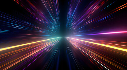 Colorful neon light lines running down on black background. Abstract neon light background, moving high speed, space scene, spotlight, dark night,  futurism, light beams.