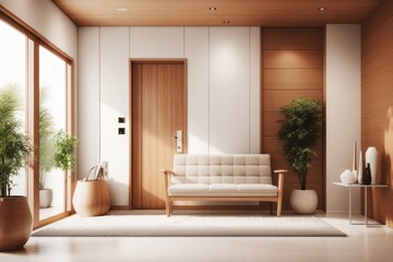 Interior home design of modern entrance hall with wooden door and chairs with wooden panel wall