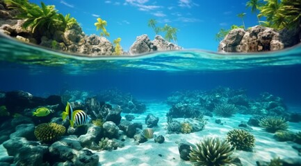 Fototapeta na wymiar island scene underwater with tropical reef tropical underwater