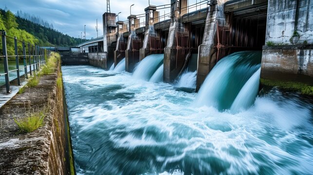 hydroelectric dam, water discharge through locks, river, power, energy, hydro, electricity, reservoir, flowing, waterfall, spillway, nature, industrial, environment,