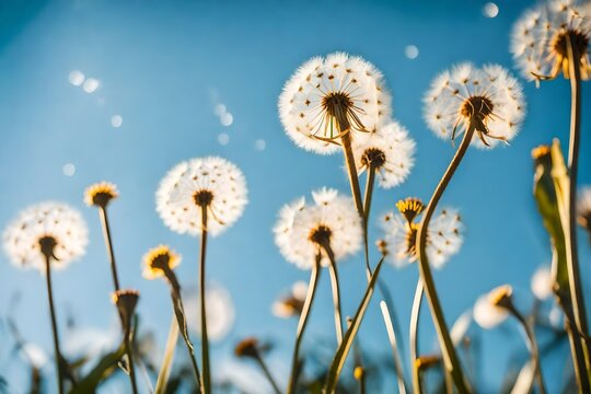 a dreamy and whimsical scene with a low-angle shot of dandelions in a field © Tanveer