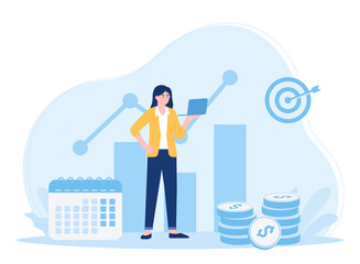 women analyze data graphs of growth and money earnings concept flat illustration