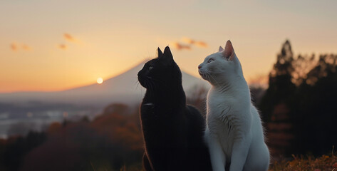 A white Japanese cat and a black Japanese cat sit close
