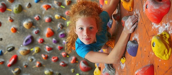 rock wall climbing teenager - obrazy, fototapety, plakaty