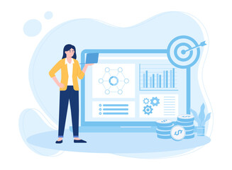 women analyze data graphs of growth and money earnings concept flat illustration