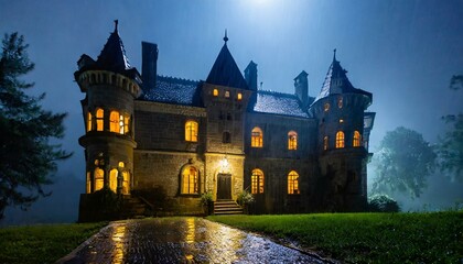 Obraz premium Dark Secrets Unveiled: Hyper-Detailed Colonial Castle in a Spine-Chilling Rain