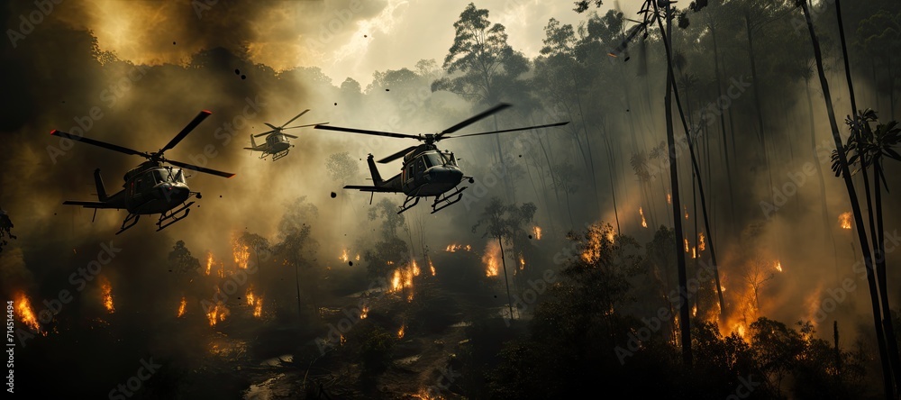 Wall mural helicopter gunships are flying in the burning jungle. the concept of the war. - Wall murals