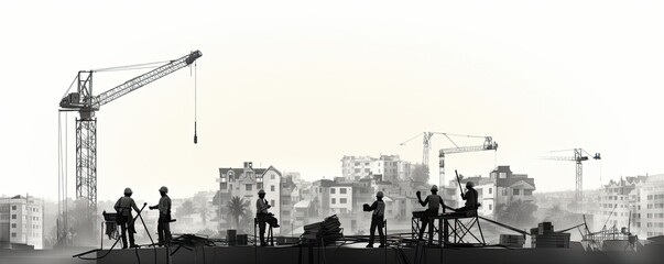 Flat illustration with silhouettes of builders, cranes and construction sites on a white background. Banner. The concept of new construction.
