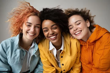 Foto op Canvas Three friends of different races are laughing merrily and looking at the camera. The concept of female friendship. © index74