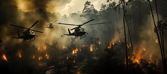 Helicopter gunships are flying in the burning jungle. The concept of the war. 