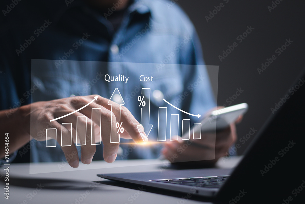 Poster cost and quality control concept, person use laptop with virtual cost and quality icons to improve w