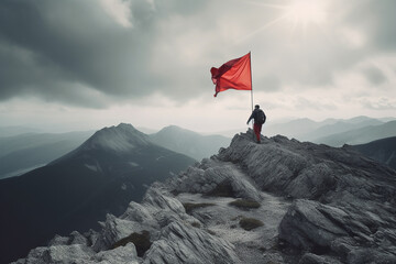 Reaching a goal concept - mountaineer with red flag on mountain with Generative AI technology - obrazy, fototapety, plakaty