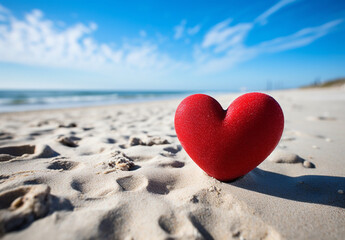 Fototapeta premium Red Heart Shape On Beach Sand Love The Sea