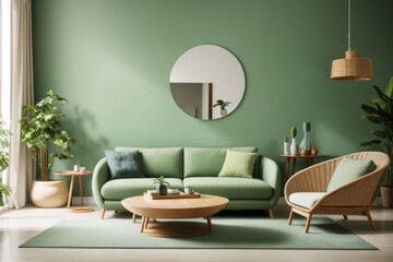 Scandinavian Interior home design of modern living room with green sofa chairs and round table with green wall near the window