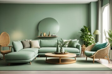 Scandinavian Interior home design of modern living room with green sofa chairs and round table with green wall near the window