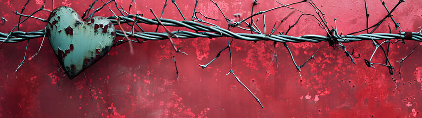 Heart-Shaped Barbed Wire Attached to Red Wall. Valentins day. Mothters day. Heart Shape 3D
