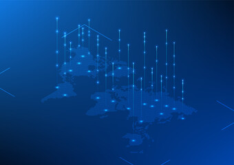 World map technology background with rising digital data lines. Shows the connection of the Internet network that can send and receive cyber data all over the world.Isometric image Center illustration