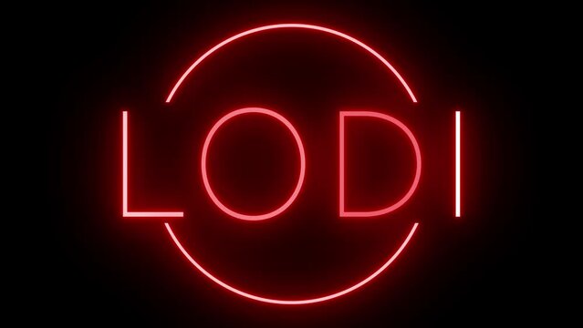 Flickering red retro style neon sign glowing against a black background for LODI