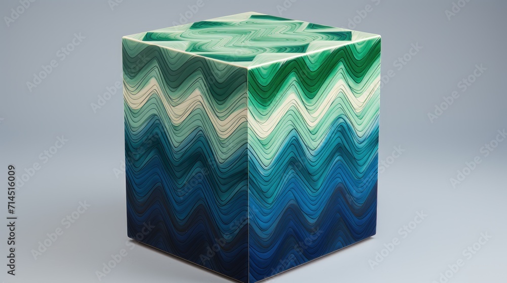 Poster a large cube with a zigzag pattern in shades of blue and green