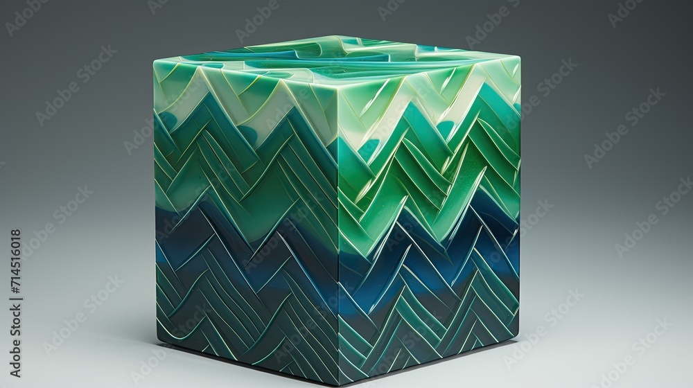 Poster a large cube with a zigzag pattern in shades of blue and green