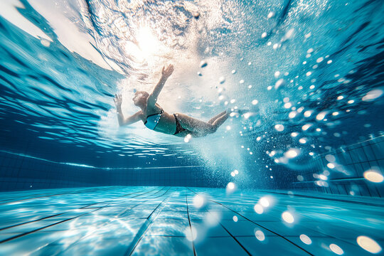 Underwater Elegance - Woman Swimming in a Sunlit Pool