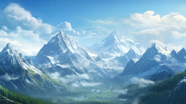 A majestic mountain range with snow capped peaks