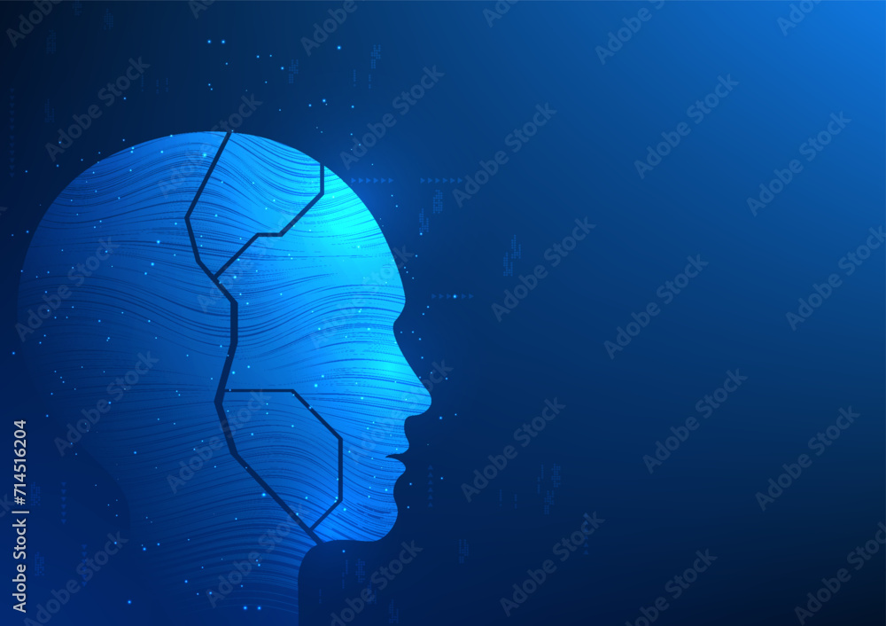 Poster artificial intelligence technology or ai, a mechanical brain robot with a data circuit line connecte