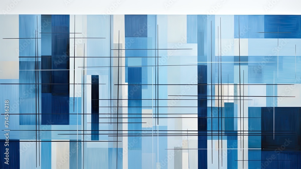 Poster a minimalist grid of intersecting vertical and horizontal lines in shades of blue