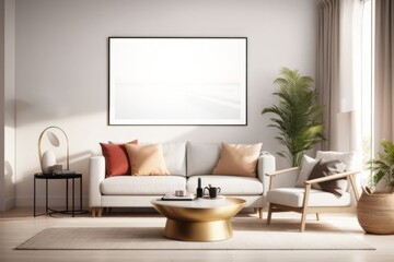 Interior home design of modern living room with empty mock up poster frame on beige wall