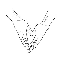 Woman and man hands showing heart shape. Line art or sketch style. Vector.