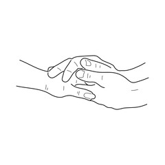Man holding a woman's hand inside his two hands. Line art or sketch style. Vector.