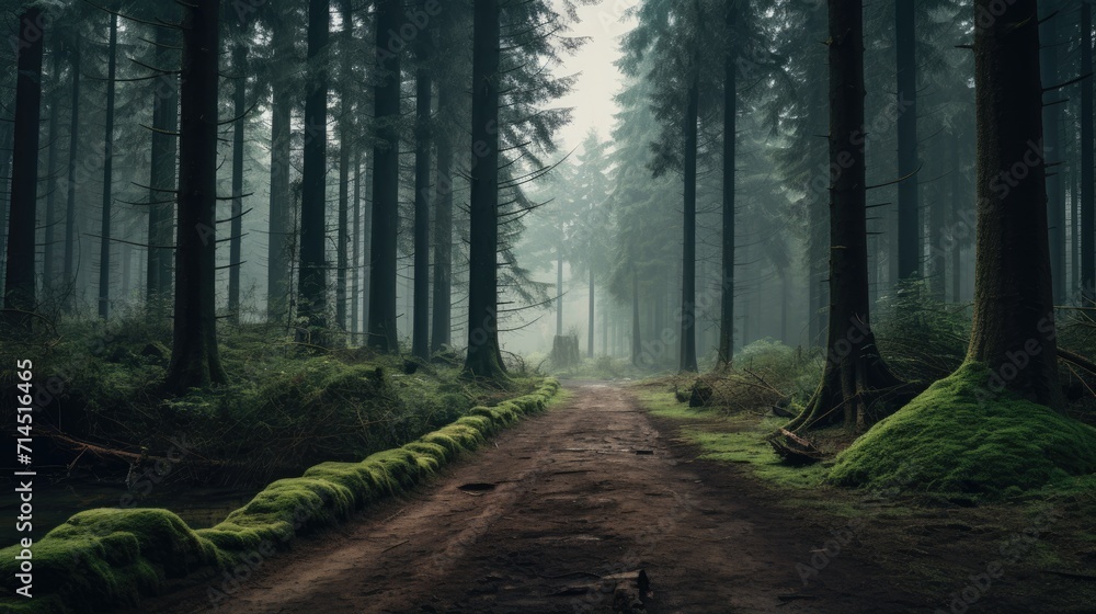 Poster a misty forest with towering trees and a winding path
