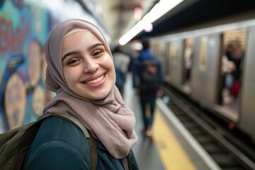Fototapeta premium smiling college female student wearing a hijab looking at the camera. at a subway station.