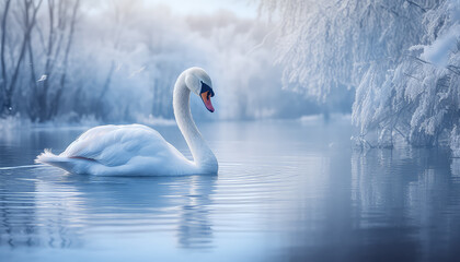 Lonely white swan in the lake in winter - obrazy, fototapety, plakaty