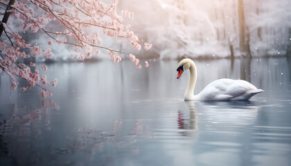 Lonely white swan in the lake in winter