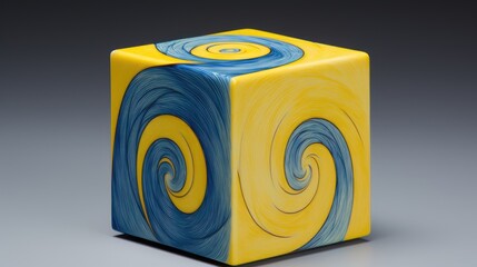 A cube with a spiral pattern in shades of yellow and blue