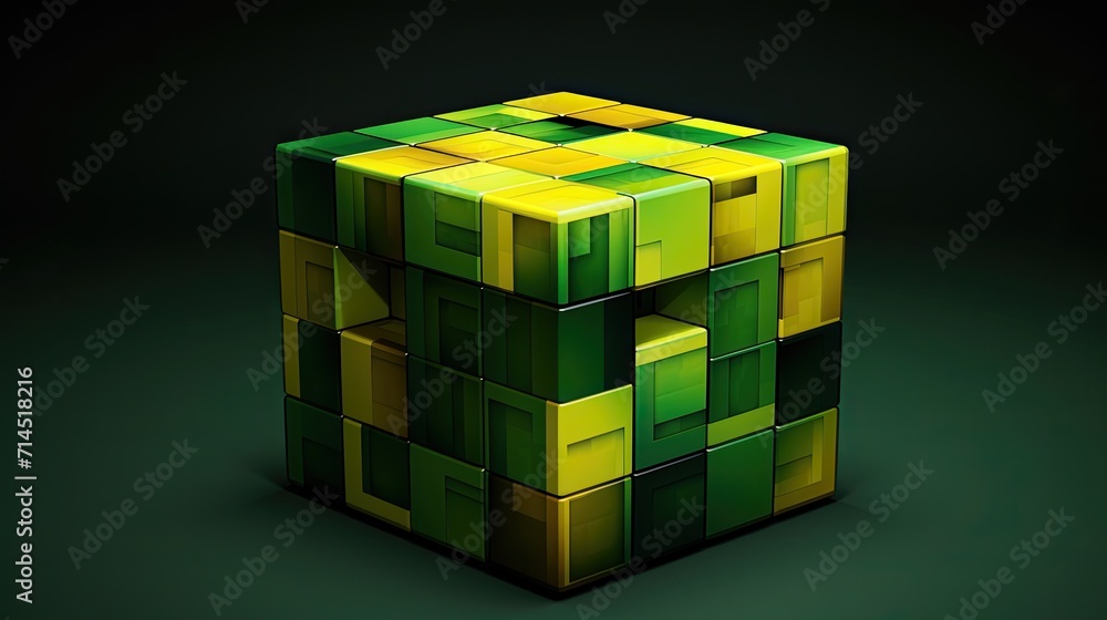 Poster a cube with a square pattern in shades of green and yellow