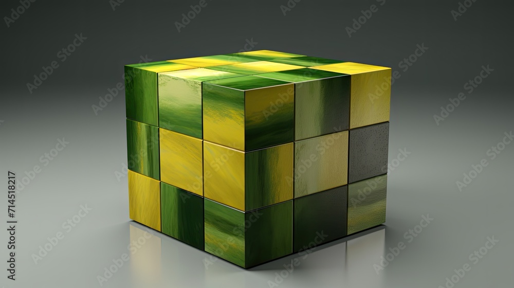 Poster a cube with a square pattern in shades of green and yellow