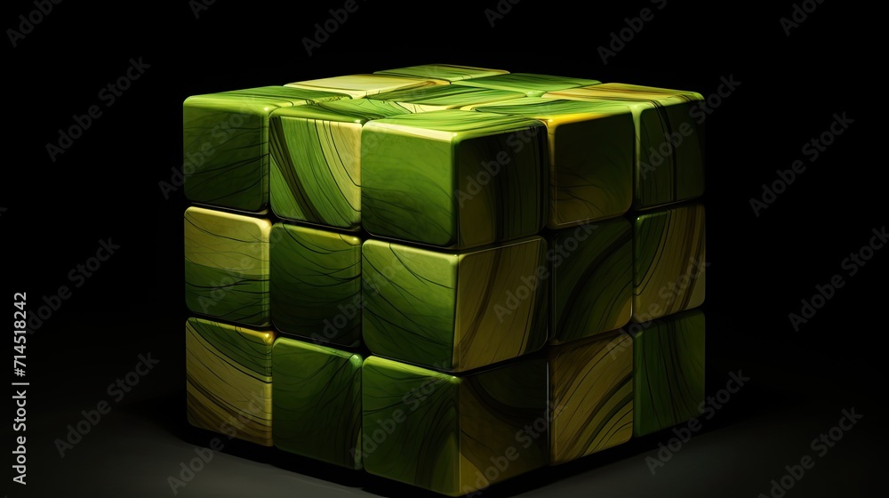 Poster a cube with a square pattern in shades of green and yellow