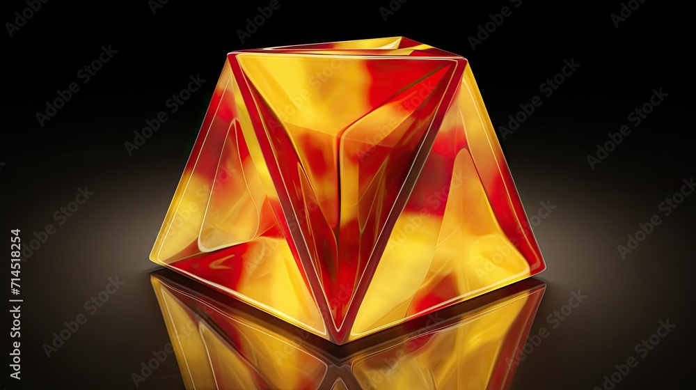Poster a cube with a triangle pattern in shades of yellow and red