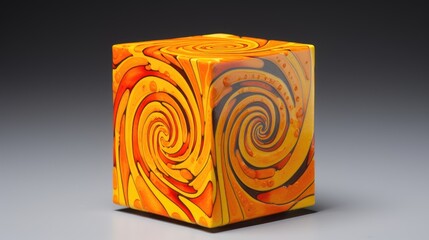 A cube with a spiral pattern in shades of yellow and orange
